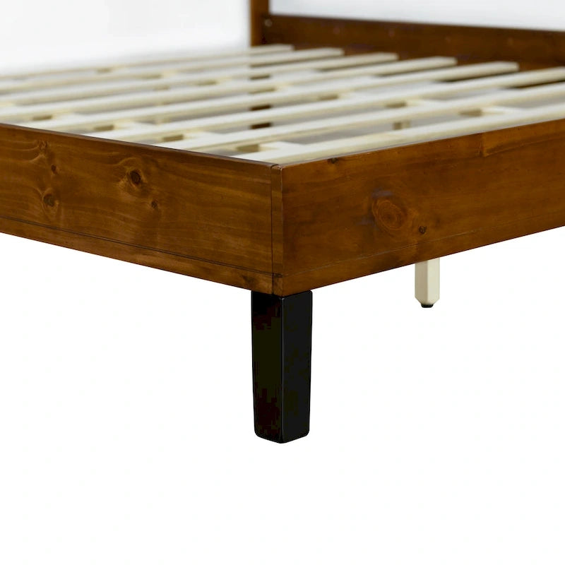 King Platform Bed with Horizontal Plank Headboard & Black Metal Legs – Solid Pinewood