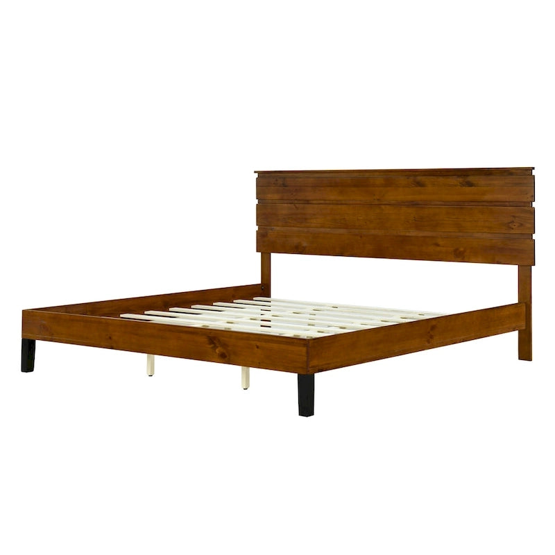 King Platform Bed with Horizontal Plank Headboard & Black Metal Legs – Solid Pinewood