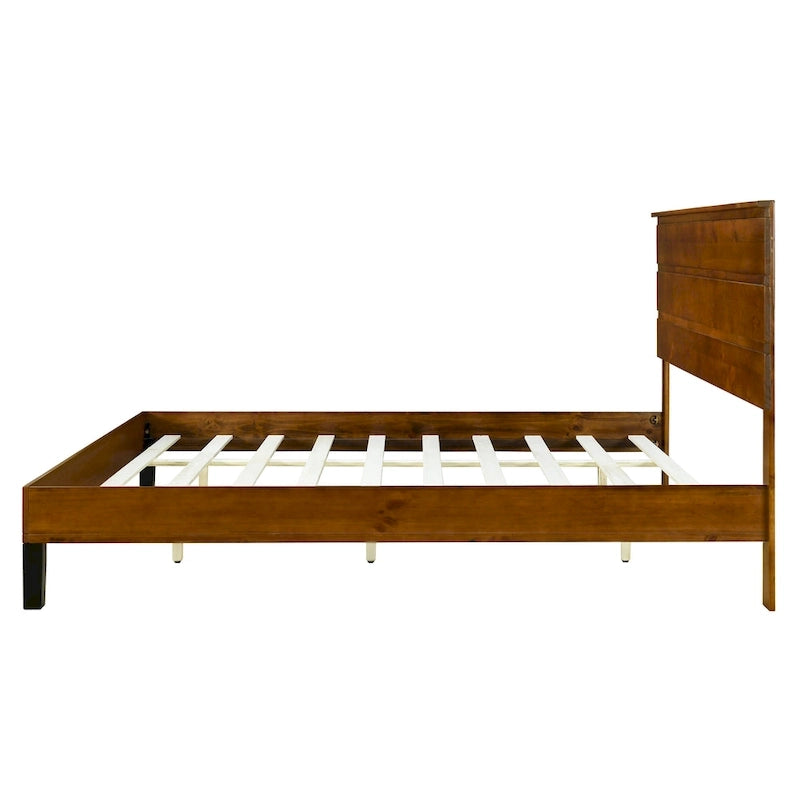 King Platform Bed with Horizontal Plank Headboard & Black Metal Legs – Solid Pinewood