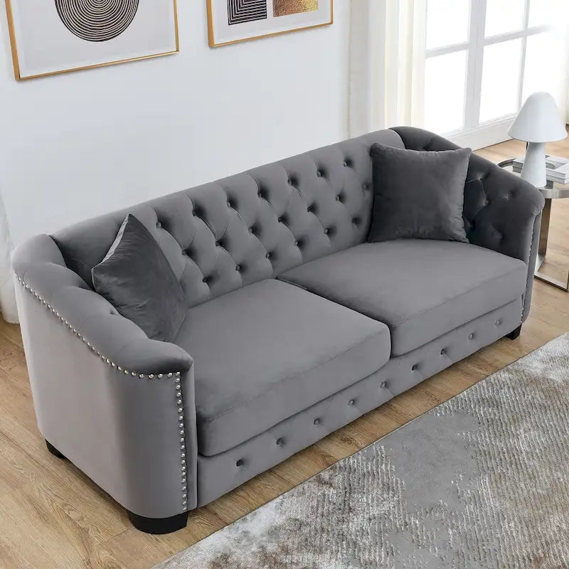 77 Chesterfield Velvet Button-tufted 3-Seater Sofa with Nailhead Decoration