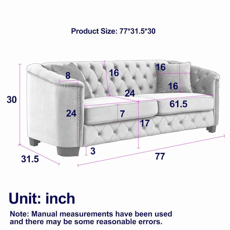77 Chesterfield Velvet Button-tufted 3-Seater Sofa with Nailhead Decoration