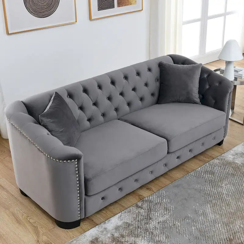 77 Chesterfield Velvet Button-tufted 3-Seater Sofa with Nailhead Decoration