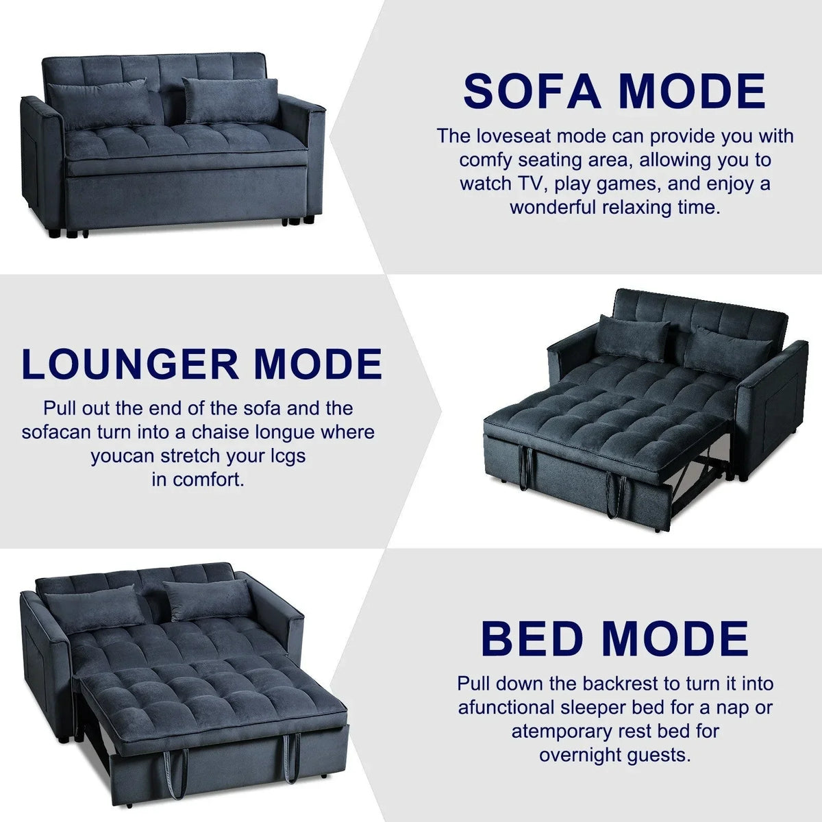 Modern Pull-Out Couch Bed, 3-in-1 Sleeper Sofa with Adjustable Backrest, Velvet Loveseat, Pillows & Side Pockets