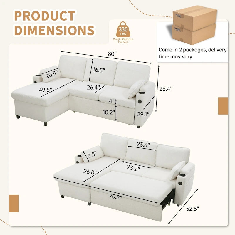 80 L-Shaped Sofa Couch Bed, Sofa Sleeper with Pull Out Bed, Reversible Sleeper Sofa Bed