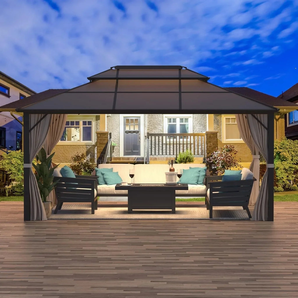 EROMMY Hardtop Gazebo,Outdoor Pergola with Double Roof & Netting & Curtains,Heavy Duty Canopy for Patio, Backyard, Pool party