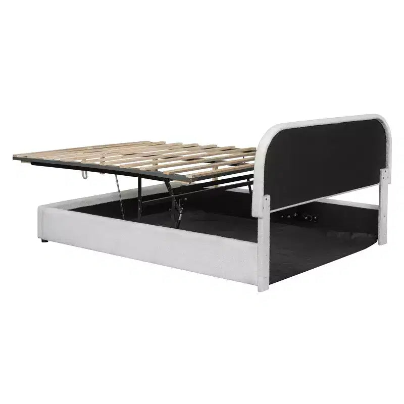 Queen Size Upholstered Bed with Lift-Up Storage - White