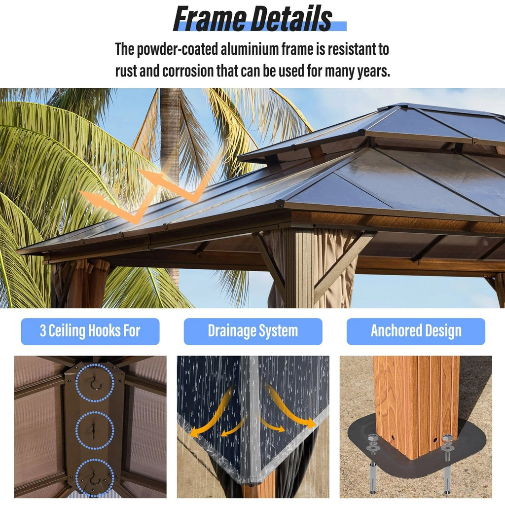 EROMMY Hardtop Gazebo,Outdoor Pergola with Double Roof & Netting & Curtains,Heavy Duty Canopy for Patio, Backyard, Pool party