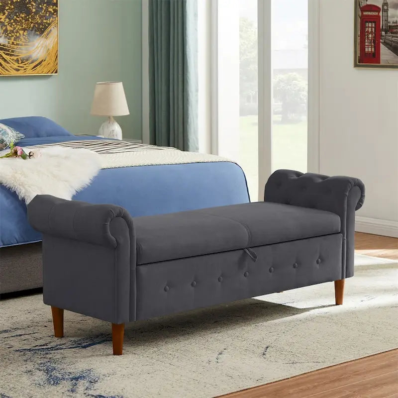 Storage Bench for Bedroom End of Bed Rolled Armed Velvet Ottoman Couch Long Bench