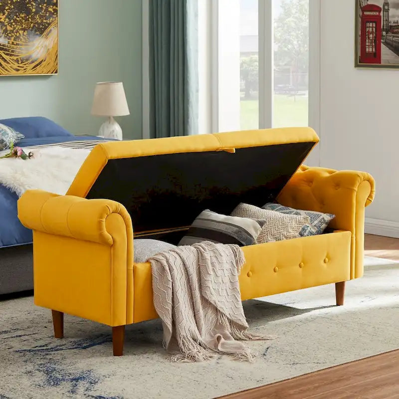 Storage Bench for Bedroom End of Bed Rolled Armed Velvet Ottoman Couch Long Bench