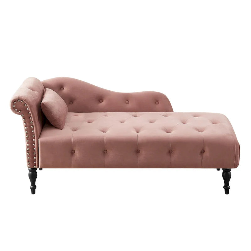Modern 60.6  Velvet Upholstered Buttons Tufted Chaise Lounge Chair with Solid Wood Legs and Nailheads