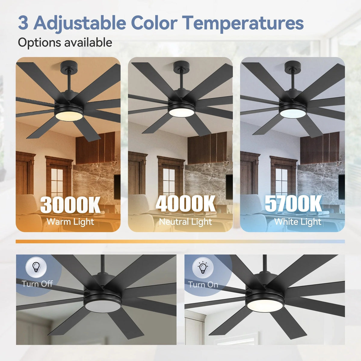 65 Inch 8-Blade Black LED Ceiling Fan with Light and Remote