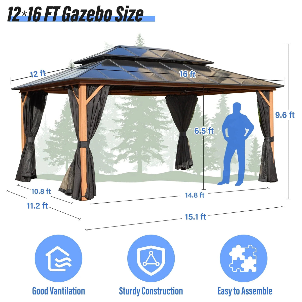 EROMMY Hardtop Gazebo,Outdoor Pergola with Double Roof & Netting & Curtains,Heavy Duty Canopy for Patio, Backyard, Pool party