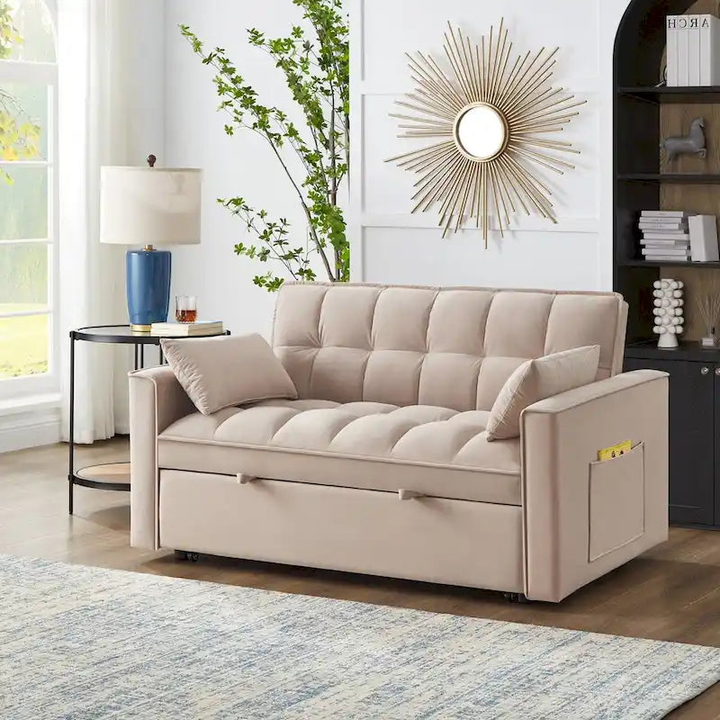 4 in1 Loveseat Sofa Bed with Armrests & Storage Pockets, Multi-Function Tufted Pull-out Sofa Bed with Adjustable Backrest