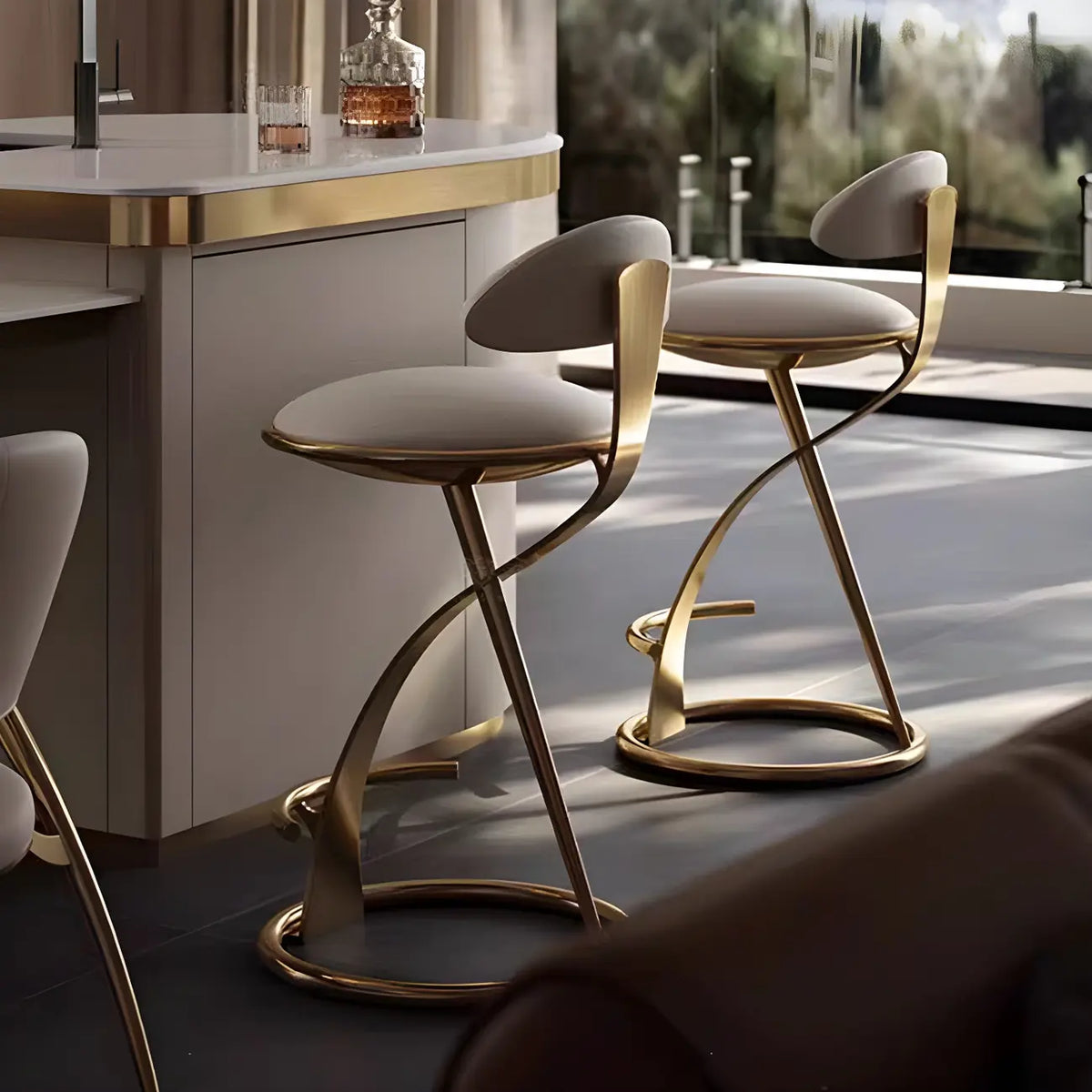 Luxury Gold Metal Frame Sleek Beige Leather Bar Stool