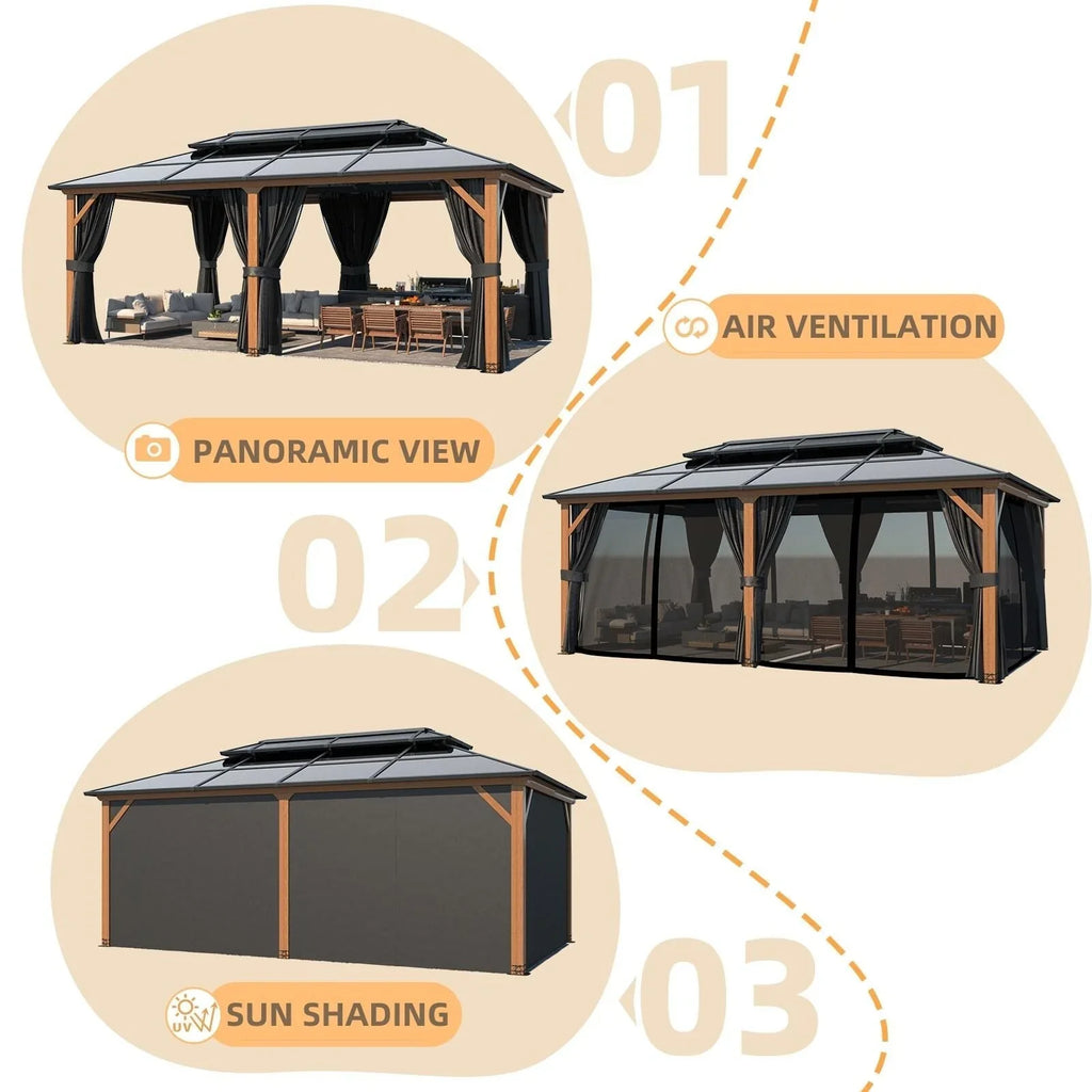 EROMMY Hardtop Gazebo,Outdoor Pergola with Double Roof & Netting & Curtains,Heavy Duty Canopy for Patio, Backyard, Pool party