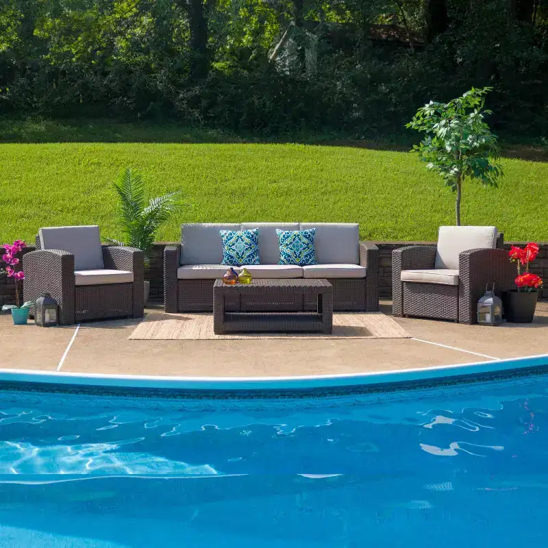 Flash Furniture 4 Piece Outdoor Faux Rattan Chair, Sofa and Table Set in Chocolate Brown