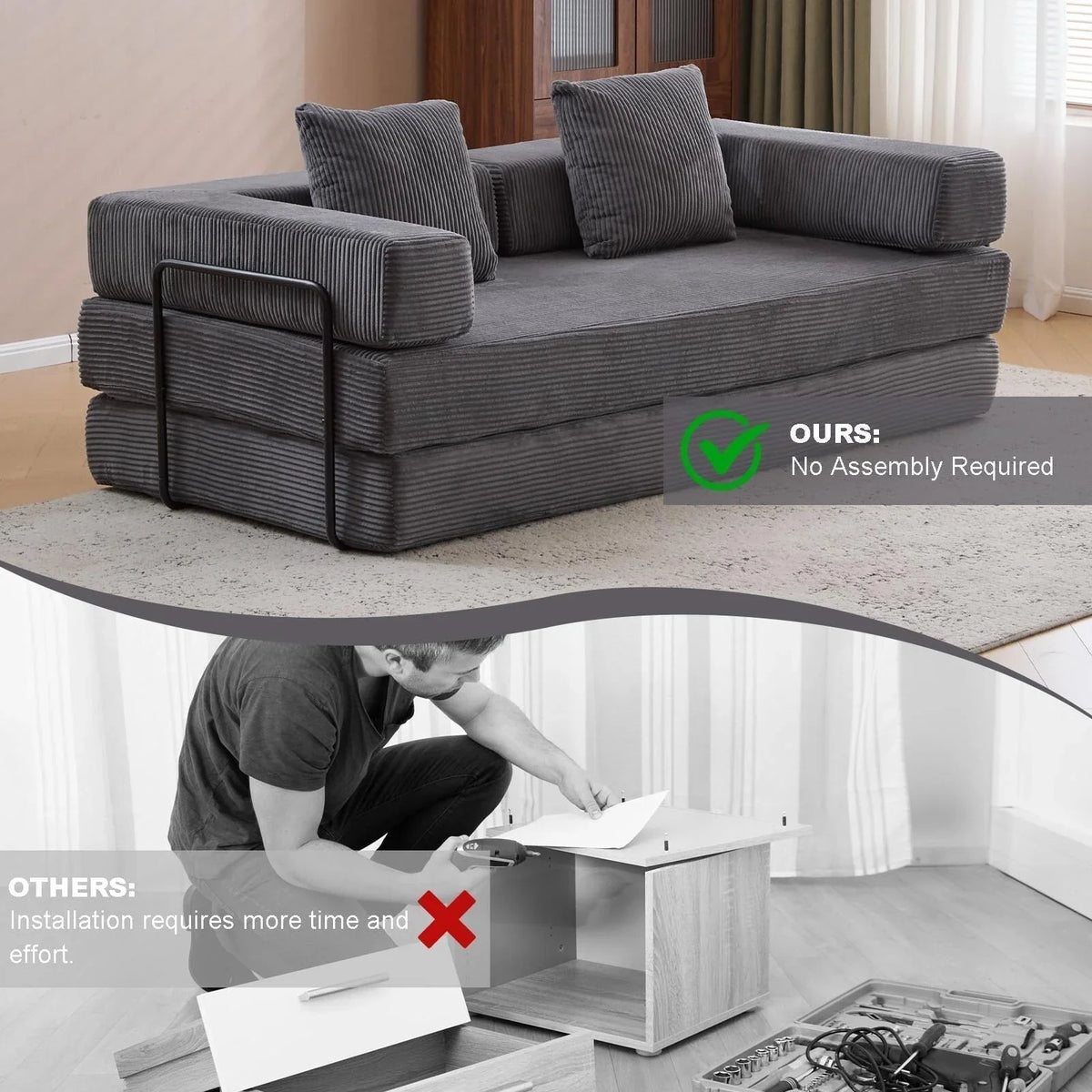 Convertible Floor Sofa Bed with Pillow Back Chenille Fabric for Living Room Bedroom
