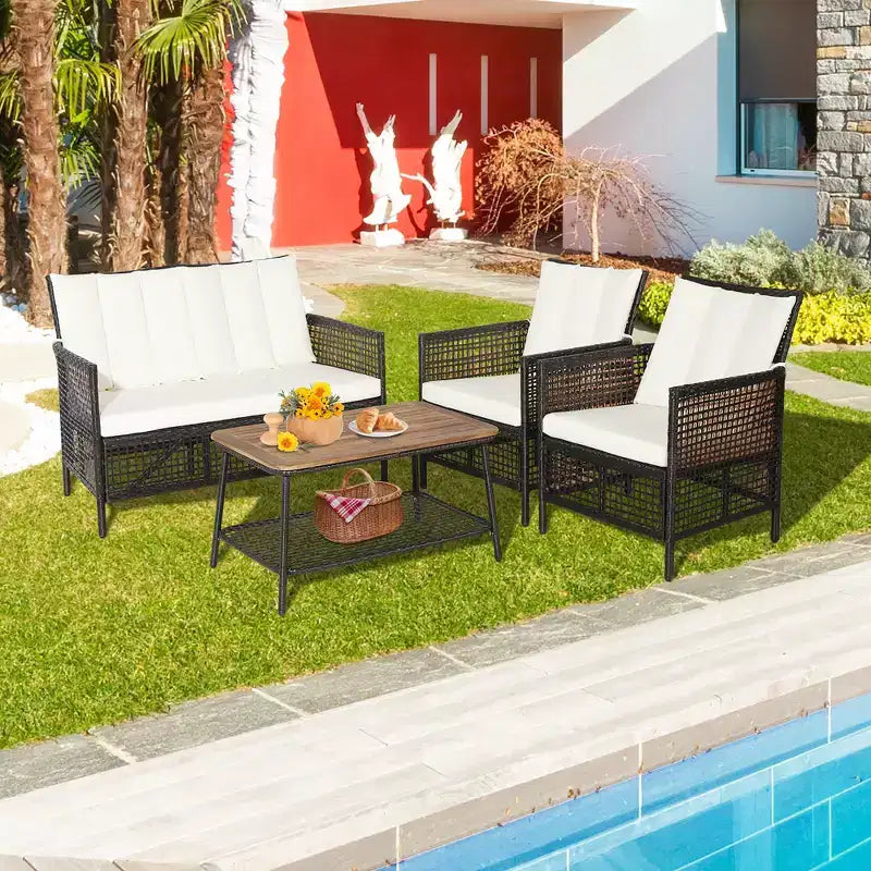 Costway Patiojoy 4PCS Patio Rattan Furniture Set Cushioned Chairs Wood Table Top W/Shelf