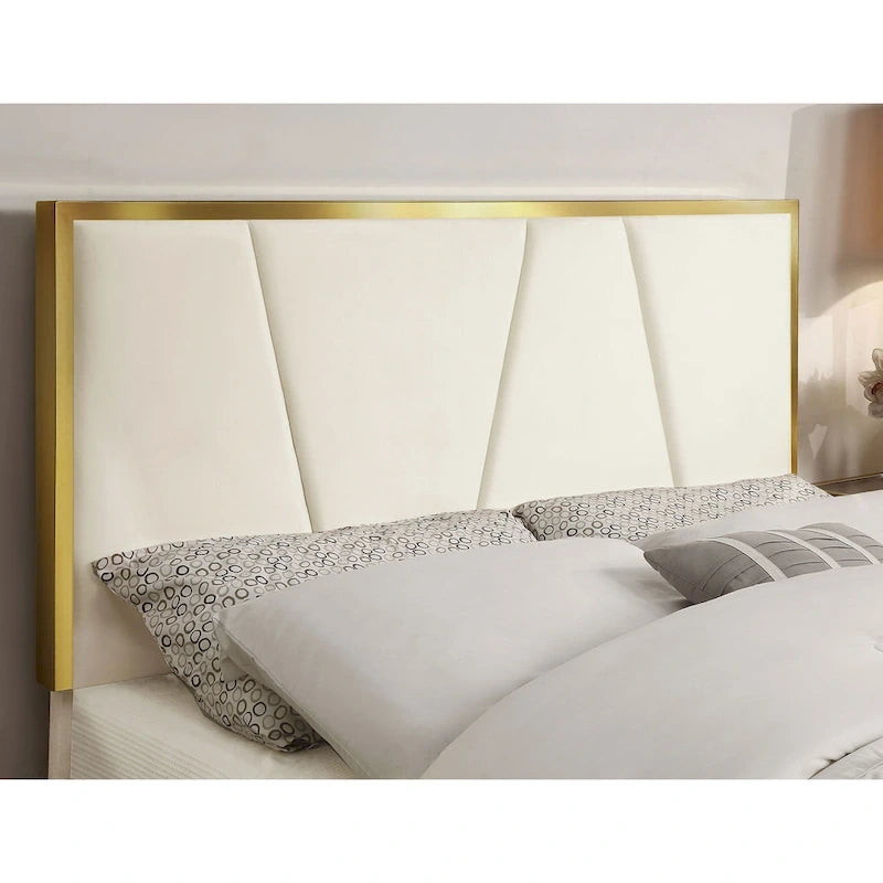 Fully Upholstered Platform Bed with Diagonal Tufted Headboard & Gold-Tone Accents – Beige