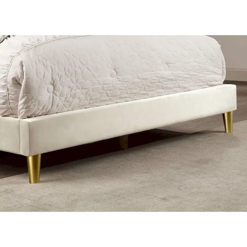 Fully Upholstered Platform Bed with Diagonal Tufted Headboard & Gold-Tone Accents – Beige