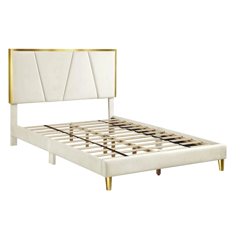 Fully Upholstered Platform Bed with Diagonal Tufted Headboard & Gold-Tone Accents – Beige