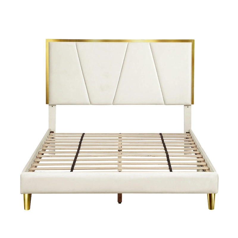 Fully Upholstered Platform Bed with Diagonal Tufted Headboard & Gold-Tone Accents – Beige