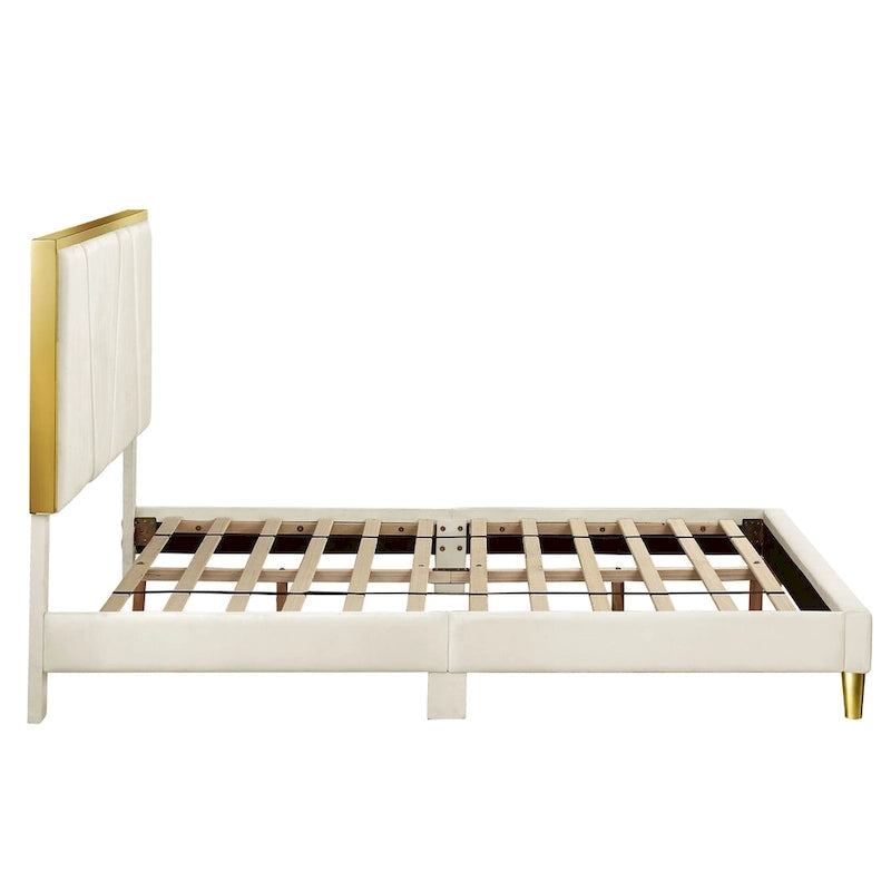 Fully Upholstered Platform Bed with Diagonal Tufted Headboard & Gold-Tone Accents – Beige