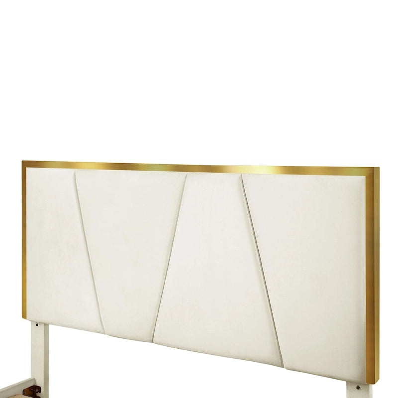 Fully Upholstered Platform Bed with Diagonal Tufted Headboard & Gold-Tone Accents – Beige