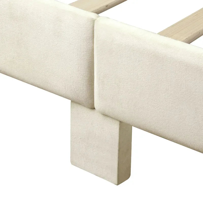 Fully Upholstered Platform Bed with Diagonal Tufted Headboard & Gold-Tone Accents – Beige