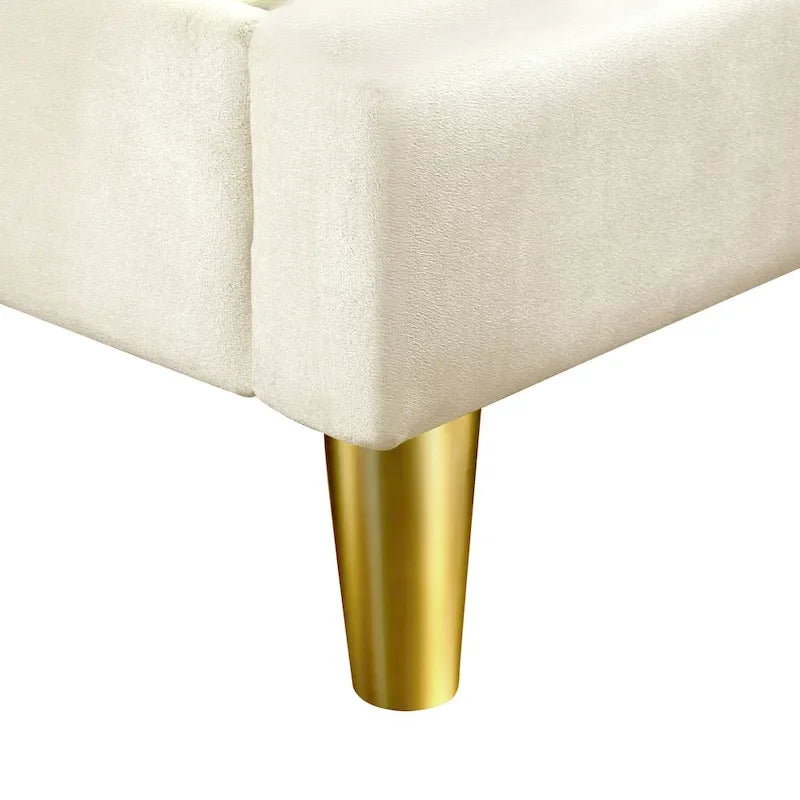 Fully Upholstered Platform Bed with Diagonal Tufted Headboard & Gold-Tone Accents – Beige