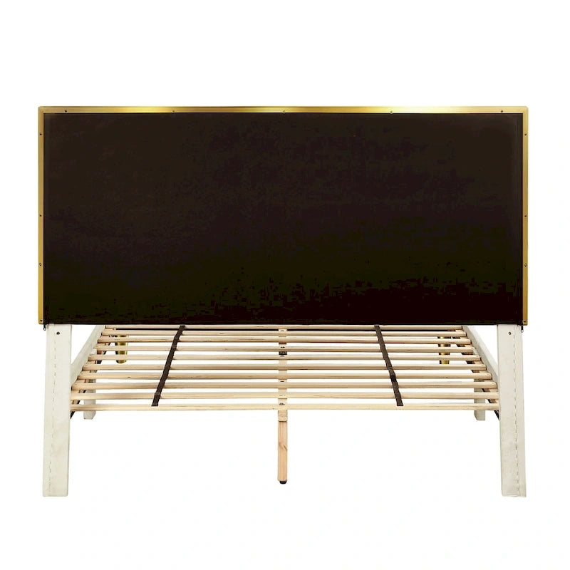Fully Upholstered Platform Bed with Diagonal Tufted Headboard & Gold-Tone Accents – Beige