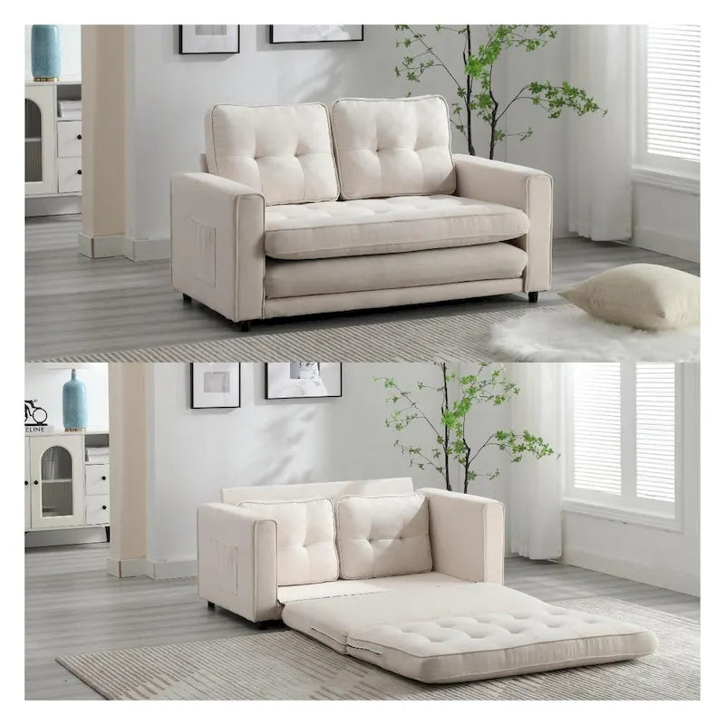 Convertible 3-Fold Velvet Sofa Bed with Side Storage Pockets