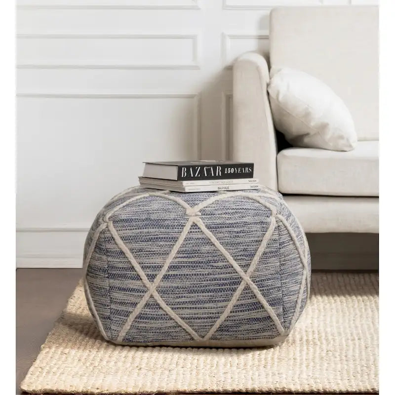 Handwoven Round Pouf Ottoman with Diamond Pattern – Cotton & Wool Blend