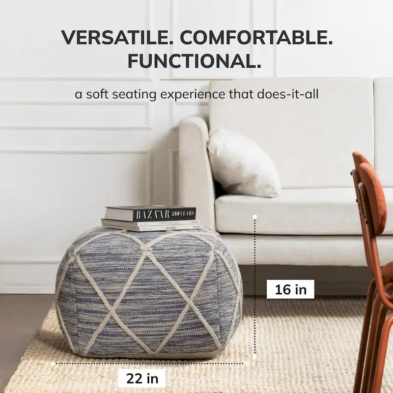 Handwoven Round Pouf Ottoman with Diamond Pattern – Cotton & Wool Blend