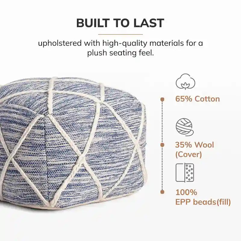 Handwoven Round Pouf Ottoman with Diamond Pattern – Cotton & Wool Blend