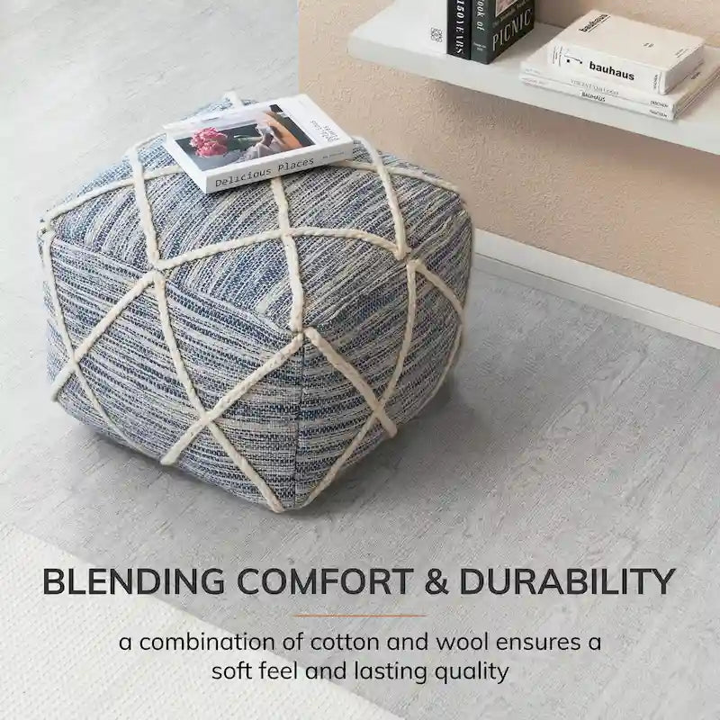 Handwoven Round Pouf Ottoman with Diamond Pattern – Cotton & Wool Blend