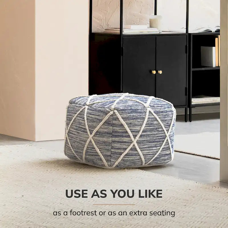 Handwoven Round Pouf Ottoman with Diamond Pattern – Cotton & Wool Blend