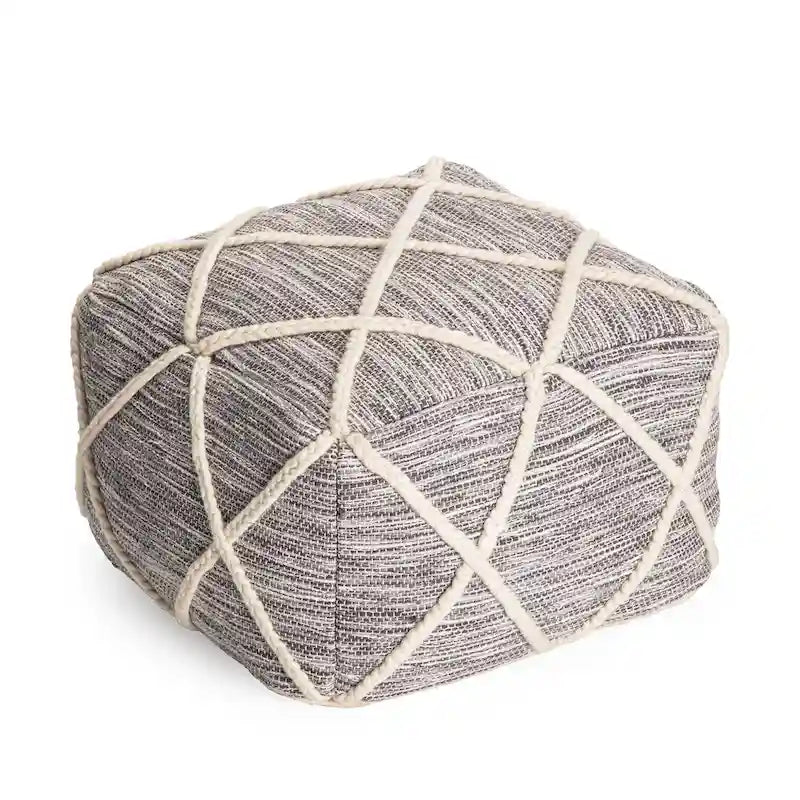 Handwoven Round Pouf Ottoman with Diamond Pattern – Cotton & Wool Blend