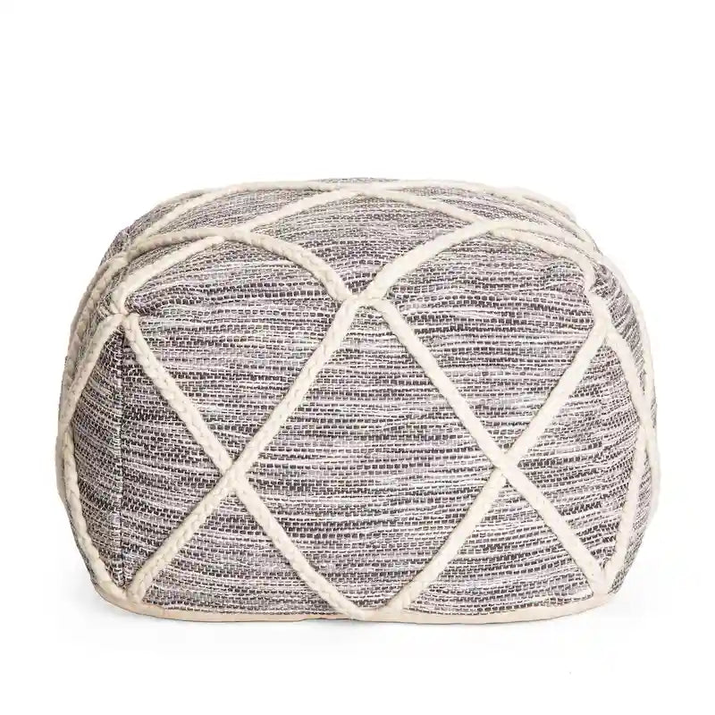 Handwoven Round Pouf Ottoman with Diamond Pattern – Cotton & Wool Blend