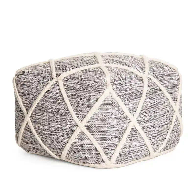 Handwoven Round Pouf Ottoman with Diamond Pattern – Cotton & Wool Blend
