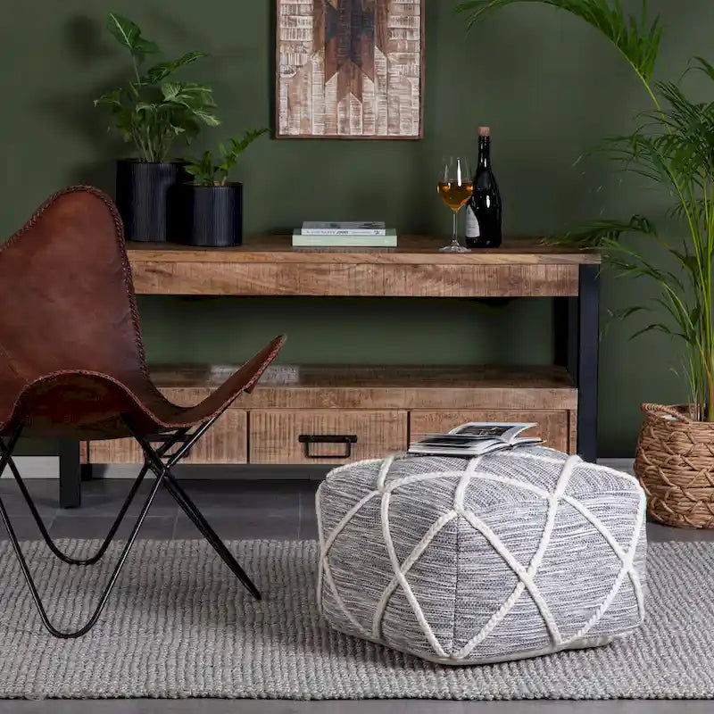Handwoven Round Pouf Ottoman with Diamond Pattern – Cotton & Wool Blend