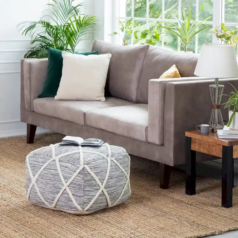 Handwoven Round Pouf Ottoman with Diamond Pattern – Cotton & Wool Blend