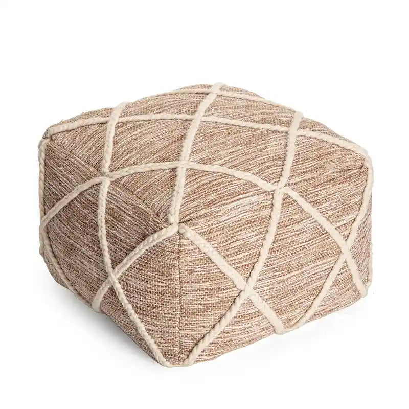 Handwoven Round Pouf Ottoman with Diamond Pattern – Cotton & Wool Blend