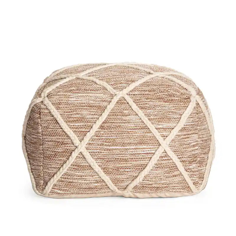 Handwoven Round Pouf Ottoman with Diamond Pattern – Cotton & Wool Blend