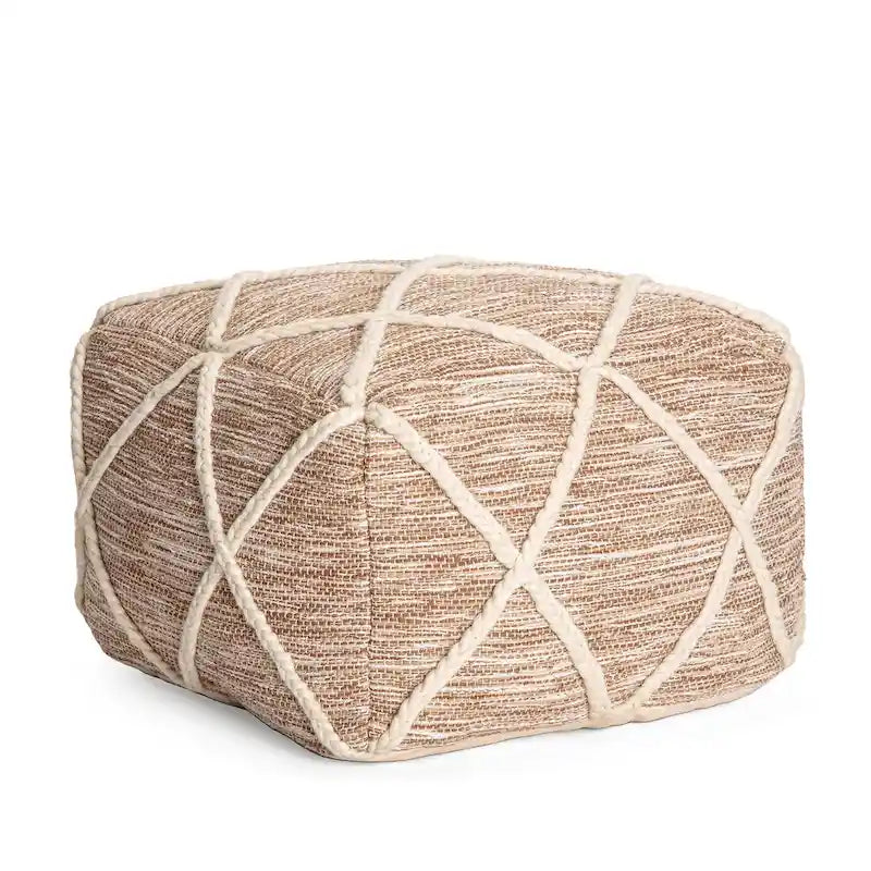Handwoven Round Pouf Ottoman with Diamond Pattern – Cotton & Wool Blend