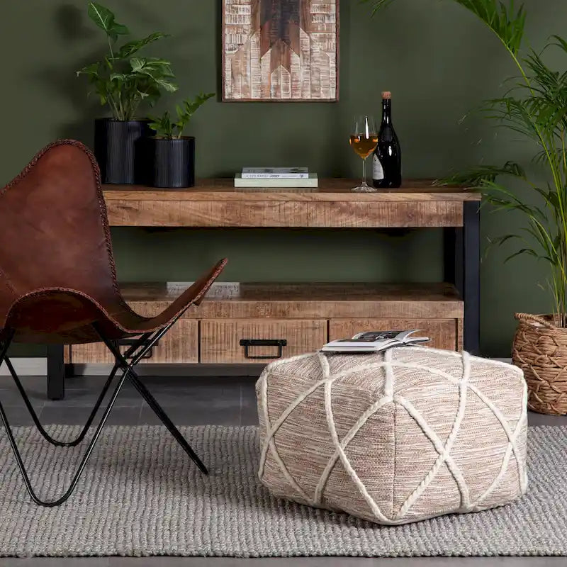 Handwoven Round Pouf Ottoman with Diamond Pattern – Cotton & Wool Blend