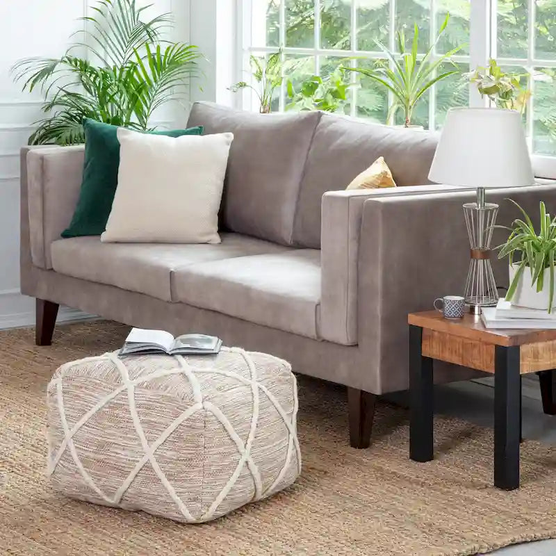 Handwoven Round Pouf Ottoman with Diamond Pattern – Cotton & Wool Blend