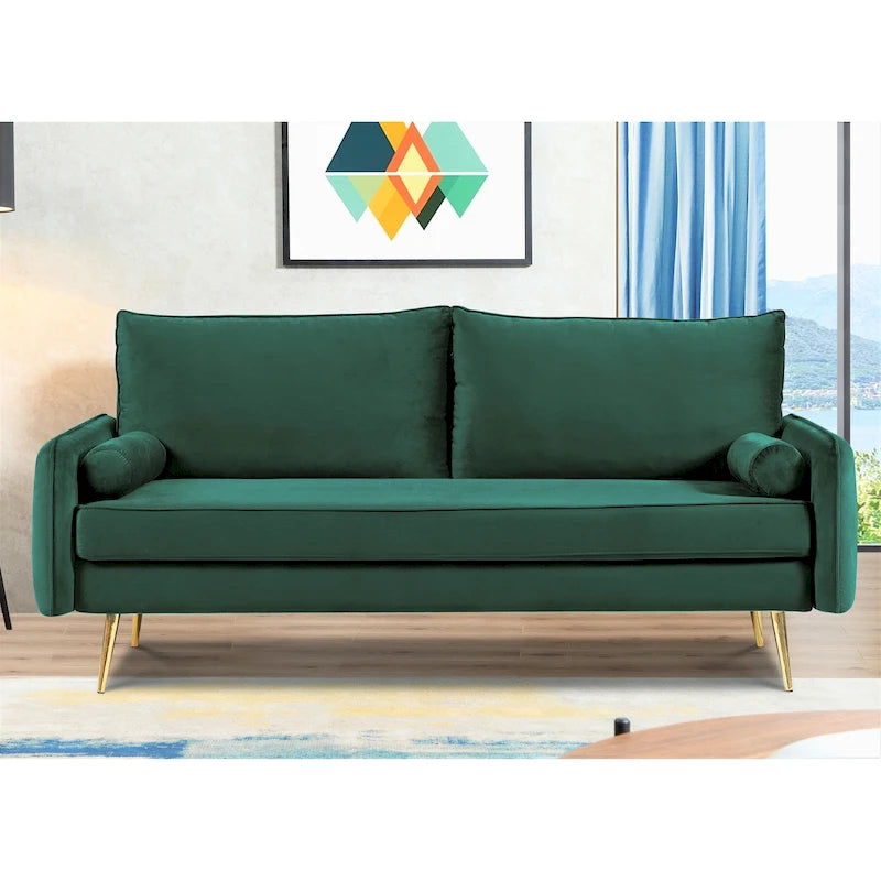 Canapé en velours de 178 cm avec accoudoirs carrés et pieds en métal doré – Style moderne européen
