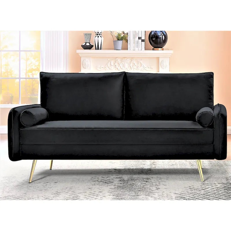 Canapé en velours de 178 cm avec accoudoirs carrés et pieds en métal doré – Style moderne européen