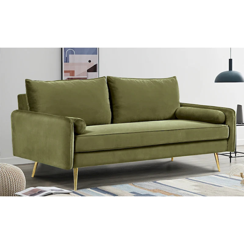 Canapé en velours de 178 cm avec accoudoirs carrés et pieds en métal doré – Style moderne européen
